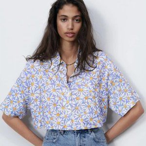 Zara Printed Linen Blend Shirt XS